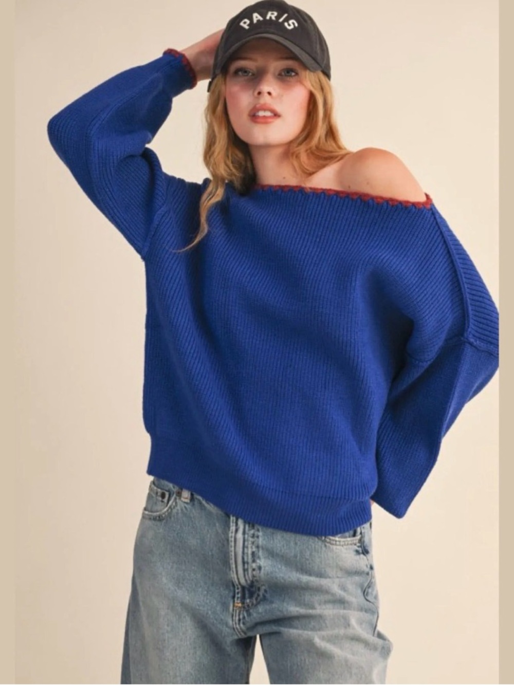 Off Shoulder Knit Sweater Blue NWT | &Merci | M